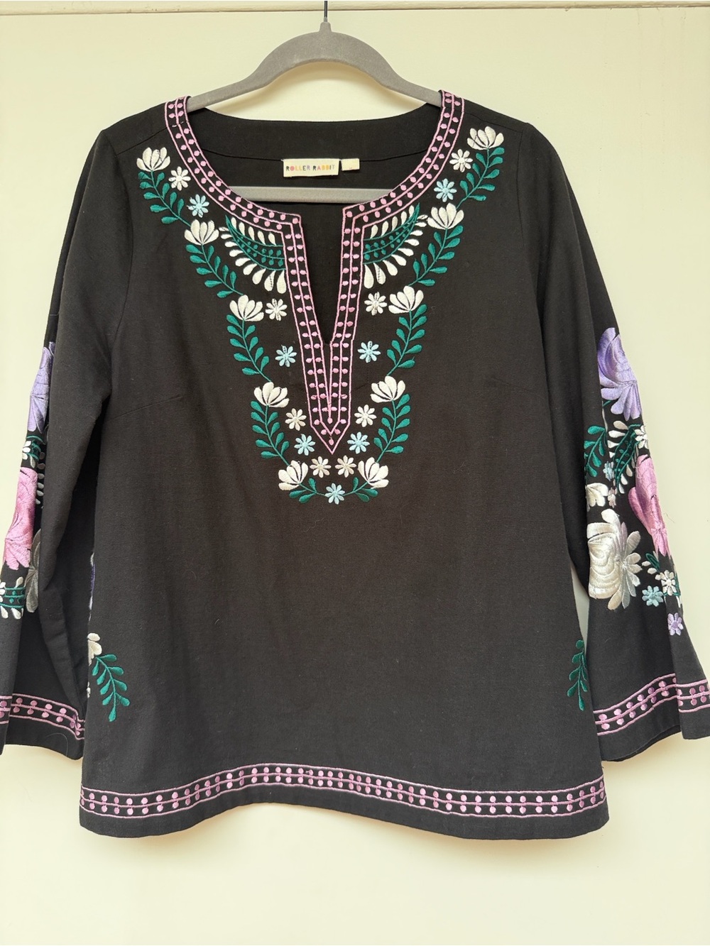 Roller Rabbit Black Tunic with Pink, Green & White Embroidery